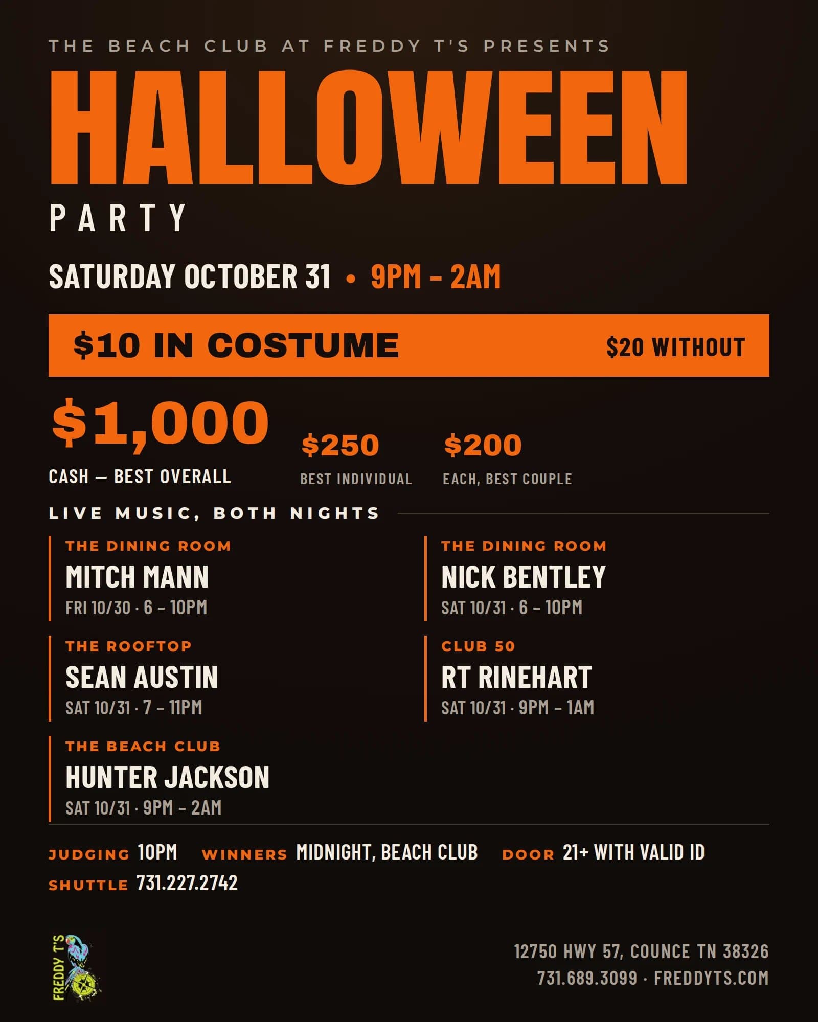 Halloween weekend line-up flyer: Mitch Mann, Nick Bentley, Sean Austin, RT Rinehart and Hunter Jackson, plus the Halloween Party costume contest.